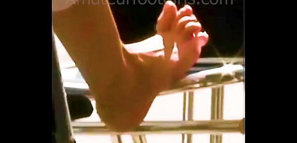  Candid Feet, girl relaxes barefoot and plays with her sweaty toes, looks at her sweaty stinky flats.